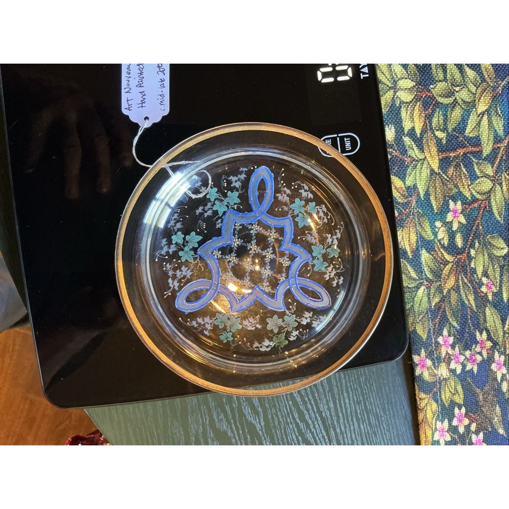 Vintage Art 6" Nouveau Hand Painted Glass Plate Blue Scroll Floral Gold Rim
